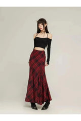 Red Plaid Mermaid Maxi Skirt