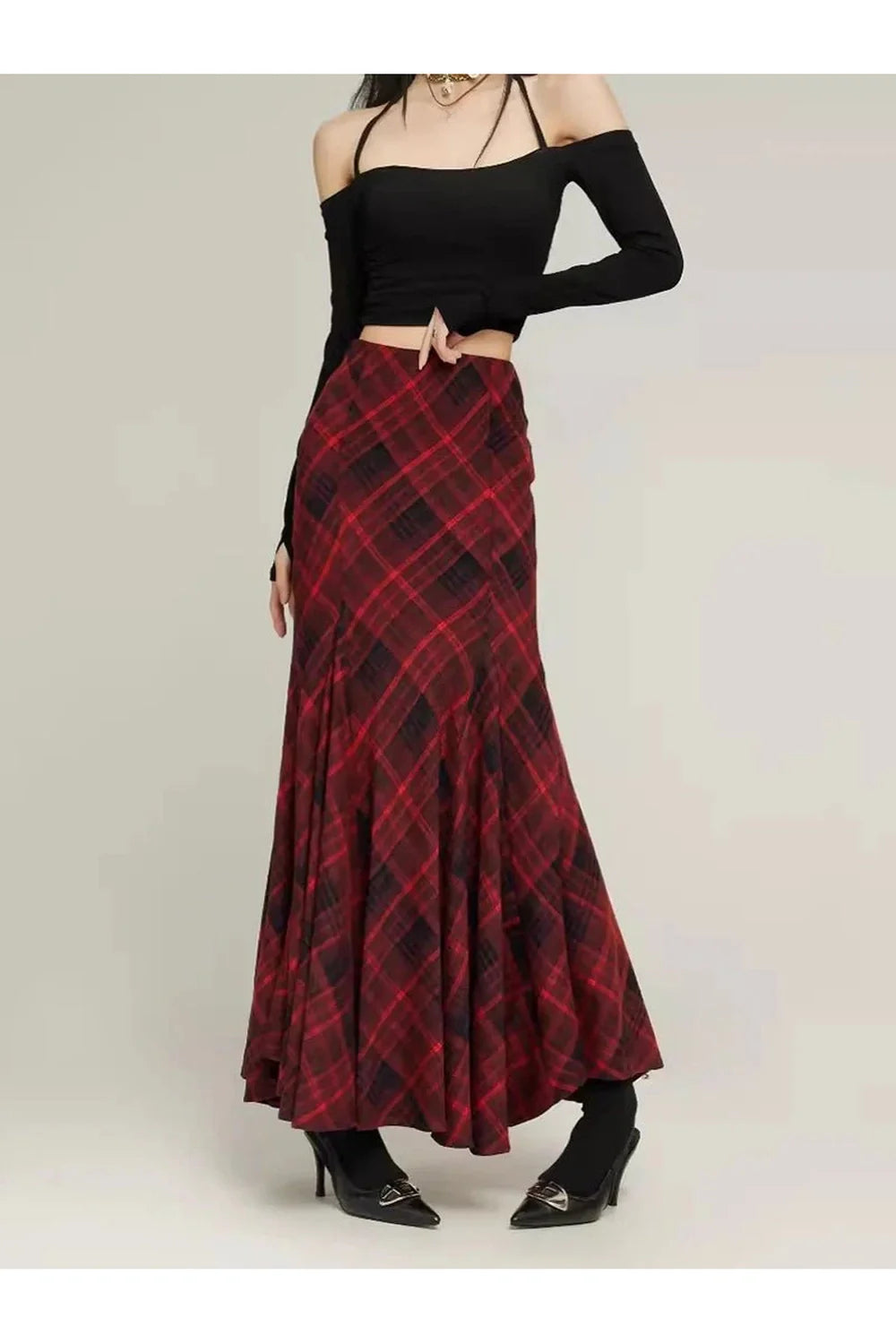 Red Plaid Mermaid Maxi Skirt