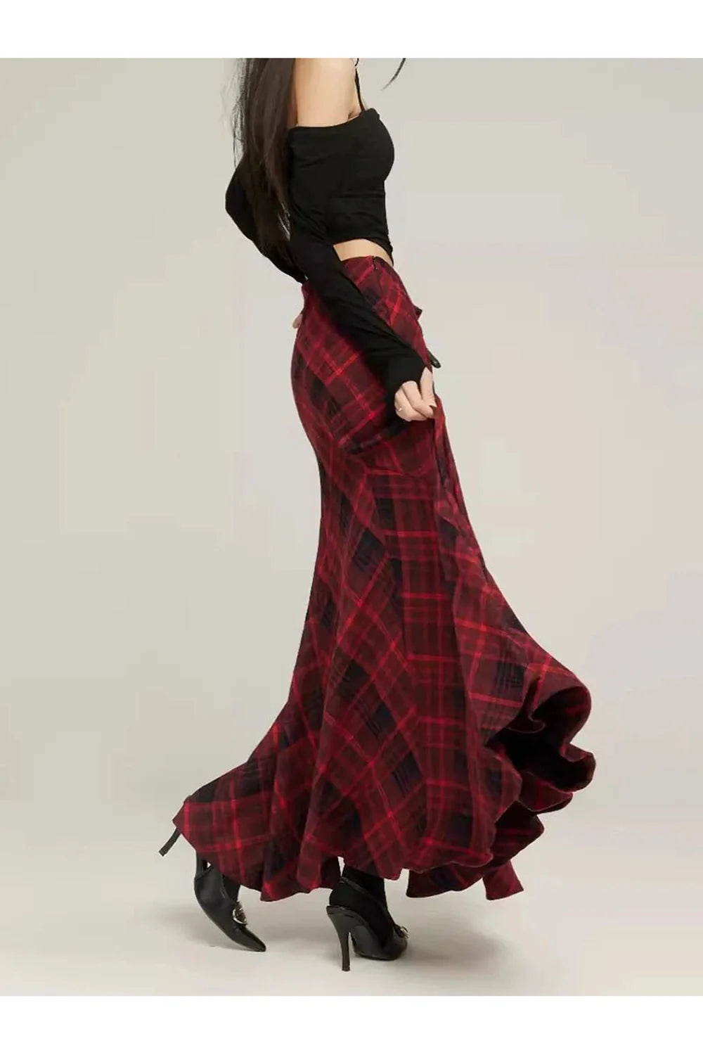 Red Plaid Mermaid Maxi Skirt