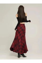 Red Plaid Mermaid Maxi Skirt