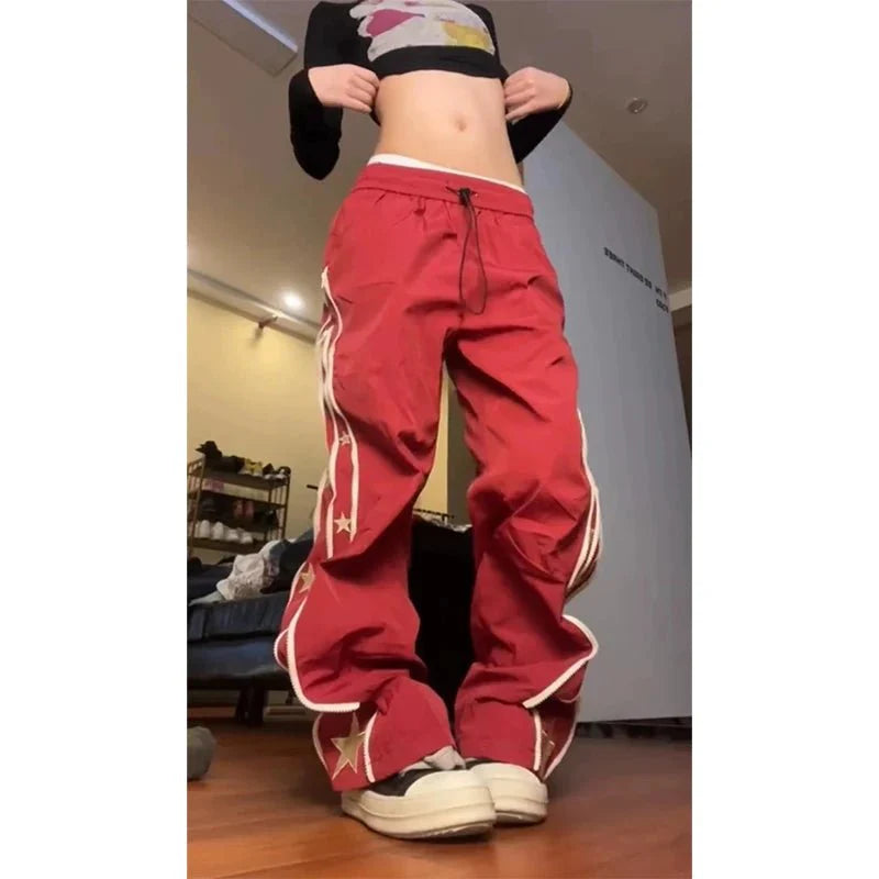 Red Star-Stripe Baggy Track Pants