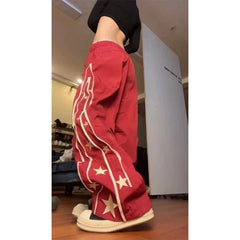 Red Star-Stripe Baggy Track Pants