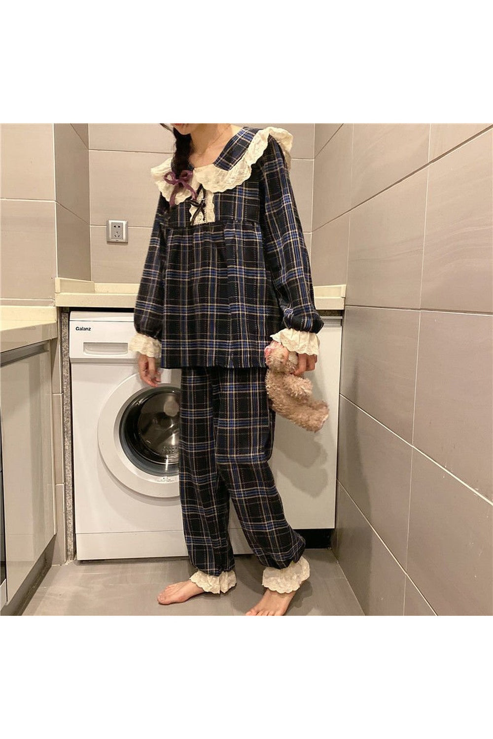 Regal Plaid Pajama Set Feminine Lace