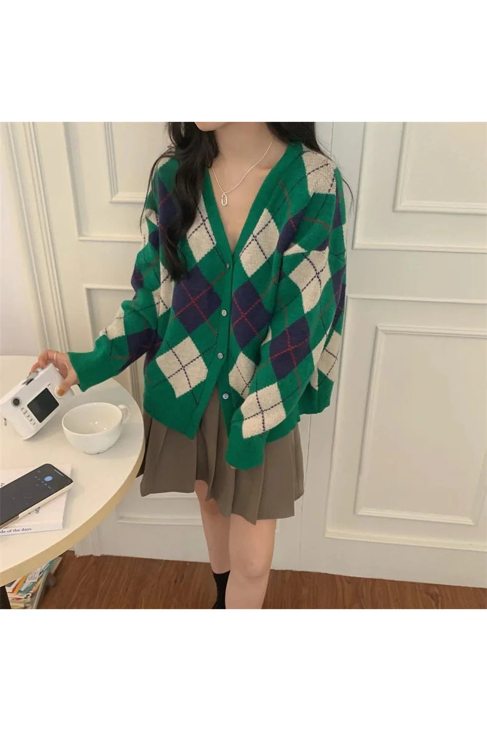 Fall Retro Argyle Knit Cardigan