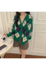 Fall Retro Argyle Knit Cardigan