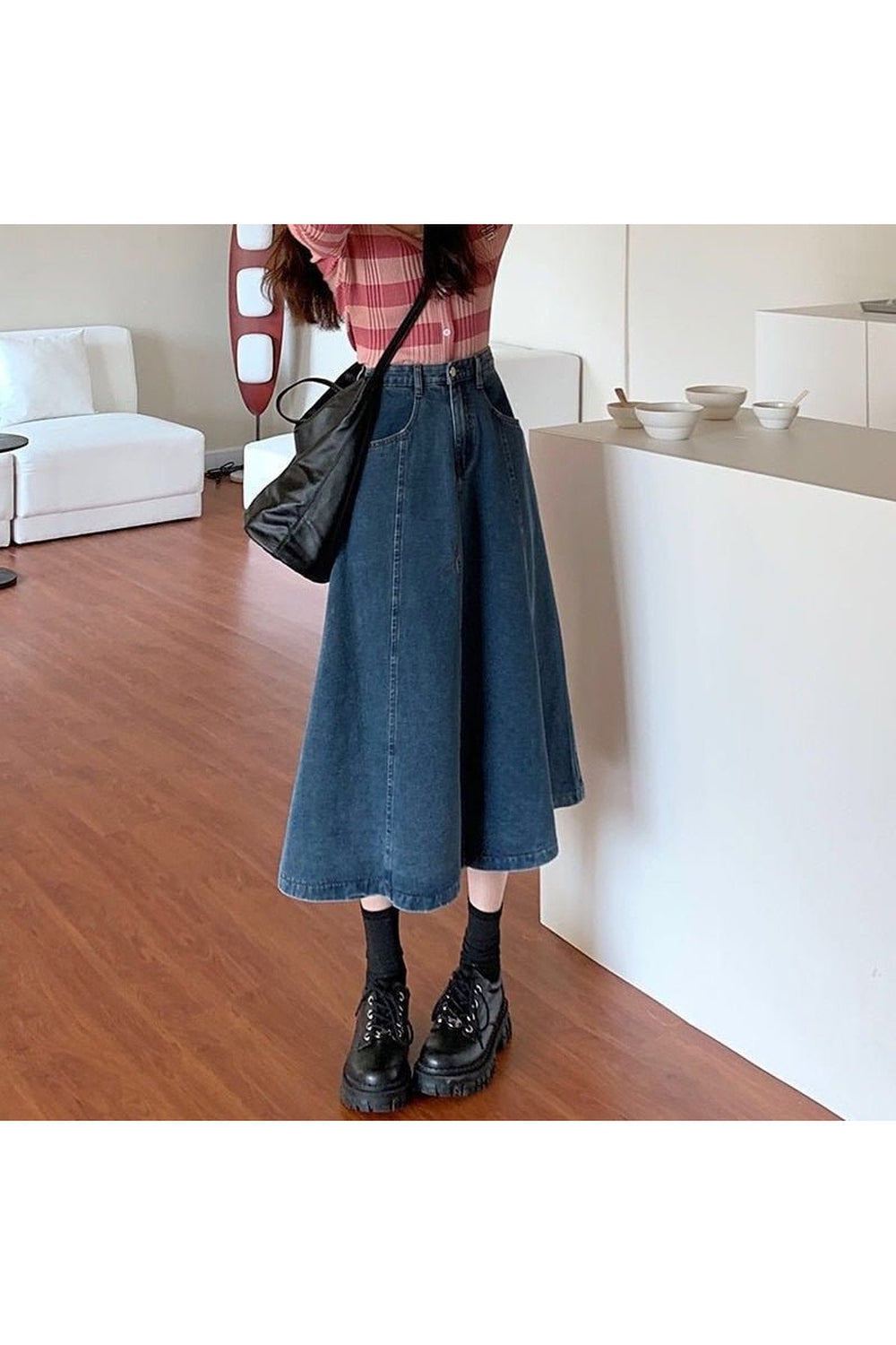 Retro Blue Denim Long Skirt