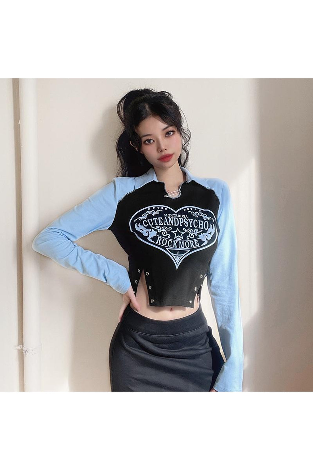 Retro Irregular Long Sleeve Crop Top