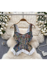 Retro Print Lace Camis Top