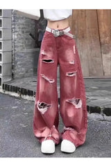 Retro Rose Distressed Baggy Jeans