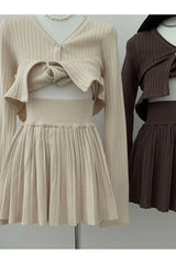 Ribbed Cardigan and Pleated Skirt Set