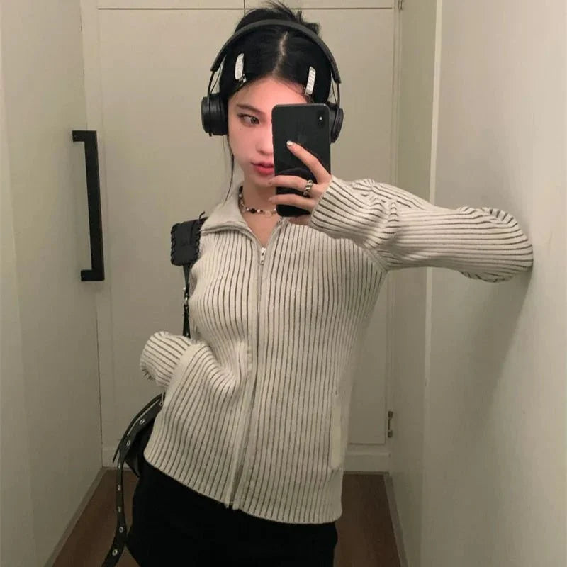 Ribbed High-Neck Zip Sweater