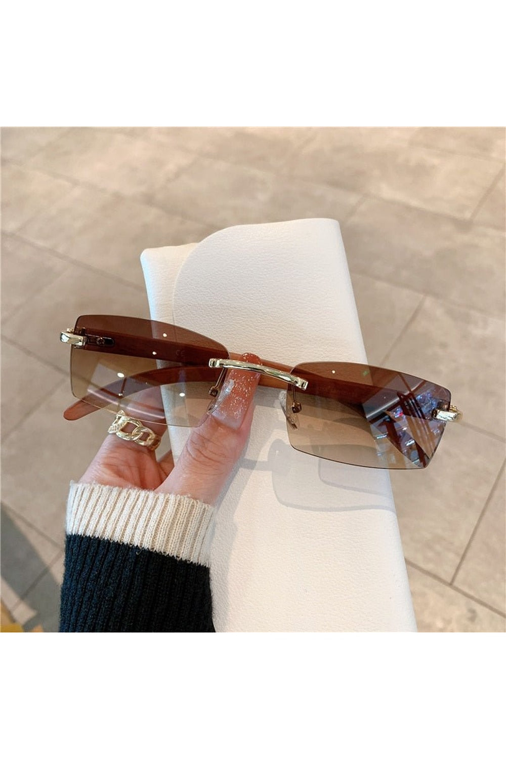 Rimless Wooden Pattern Sunglasses