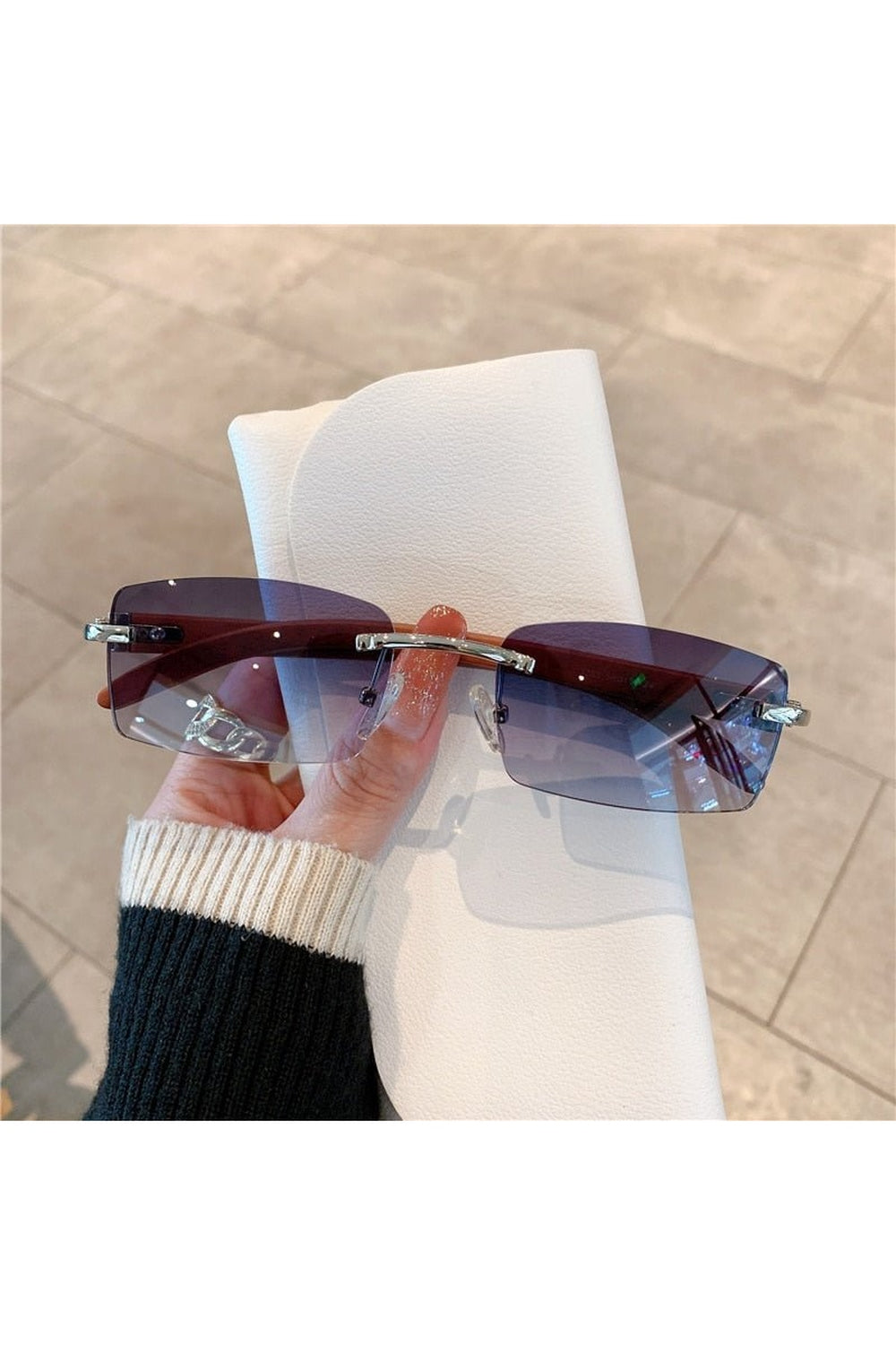 Rimless Wooden Pattern Sunglasses