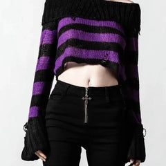 Ripped Striped Off-Shoulder Sweater