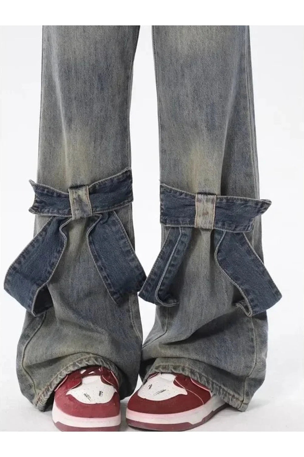 Schlaghose aus Denim mit Rüschen