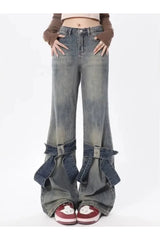 Schlaghose aus Denim mit Rüschen