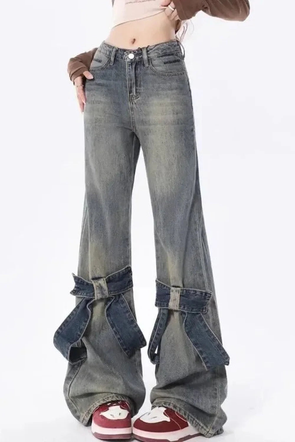 Schlaghose aus Denim mit Rüschen