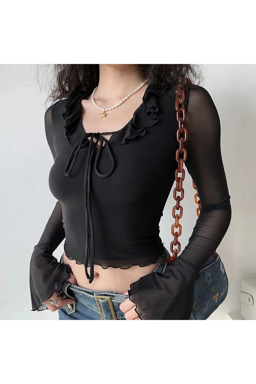 Ruffled Mesh Sleeve Crop Top