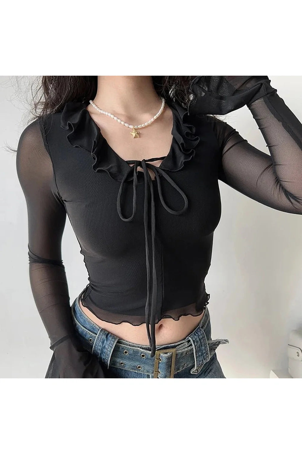 Mesh Ruffle Top Ruffled Mesh Sleeve Crop Top – Nhuhn