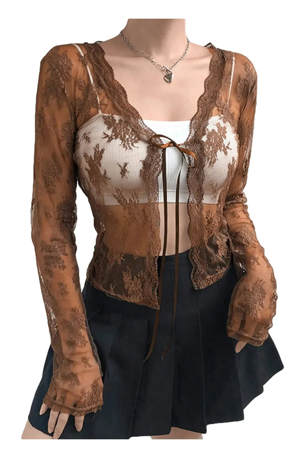 Durchsichtige Strickjacke mit Blumenmuster und Spitze für den Herbst
