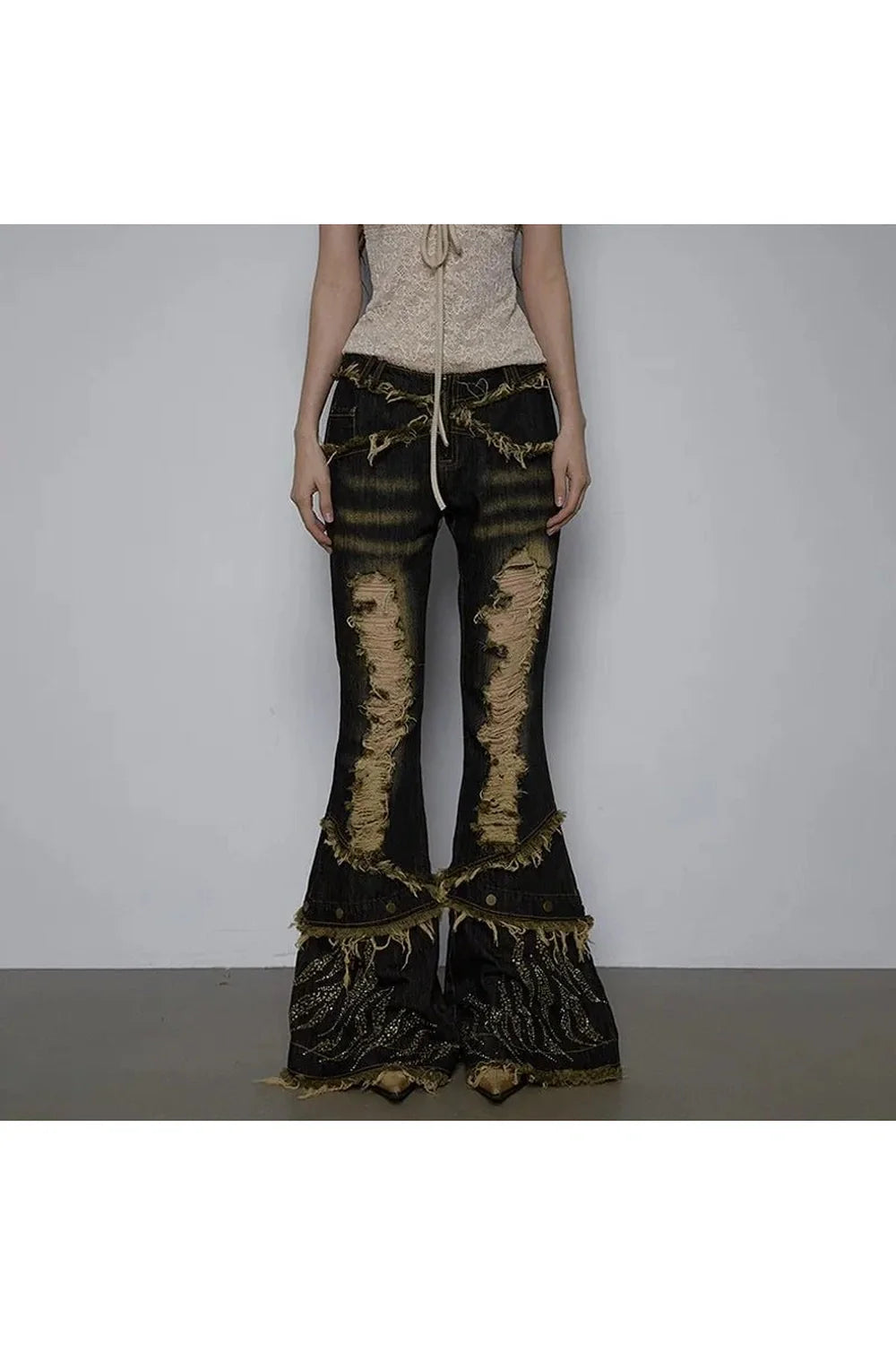 Shredded Flames Distressed Flare Pants