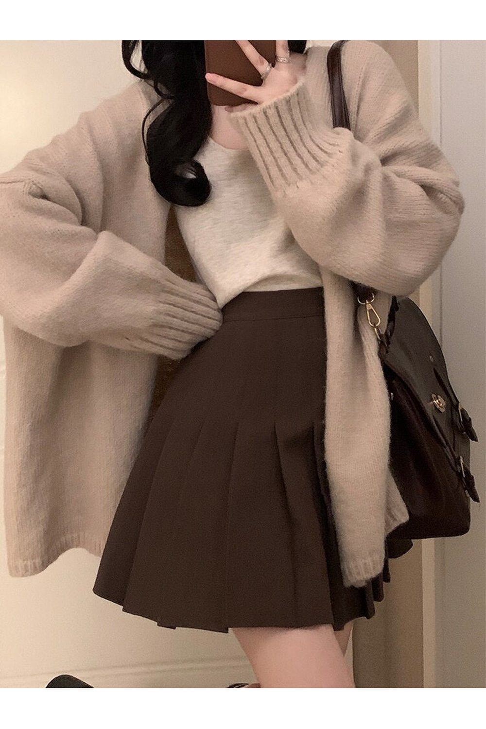 Single-Breasted Oversize Cardigan + Mini Pleated Skirt Set