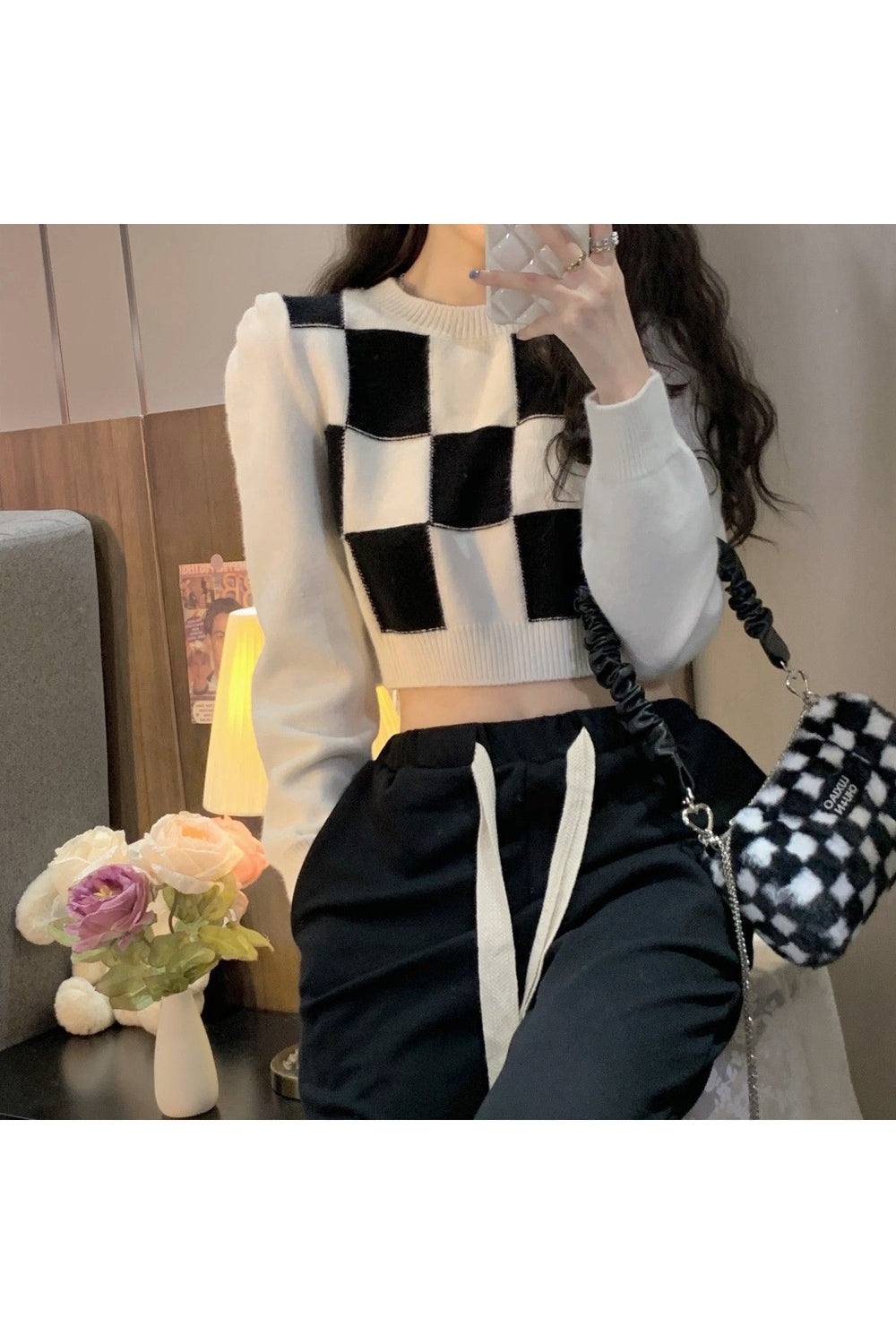 Fall Skate Girl Checkerboard Sweater