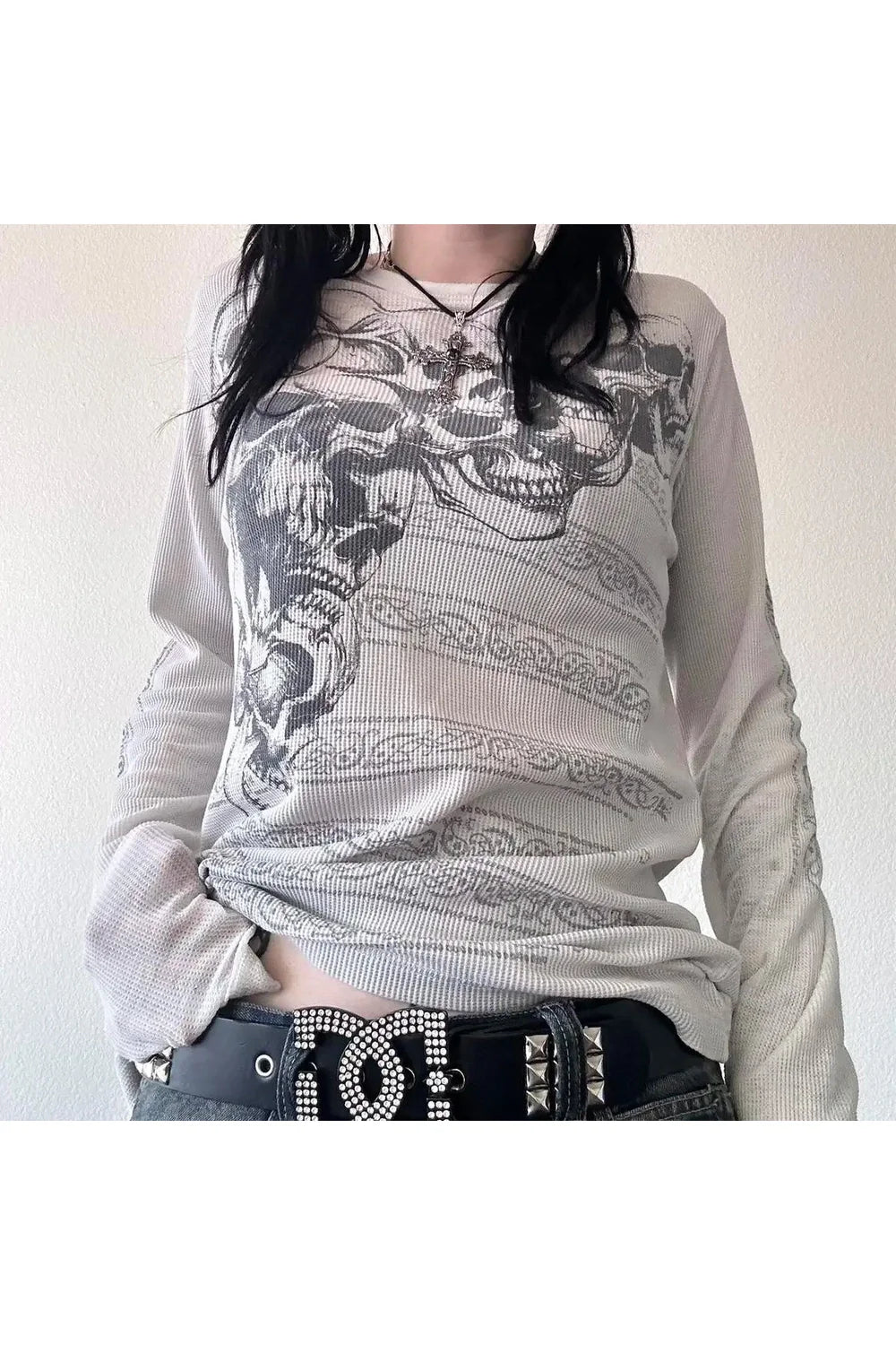 Skeleton Print Long Sleeve Mesh Top