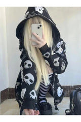 Fall Skull Print Zip Hoodie Street Punk