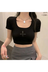 Spring Black Cross Print Crop Top