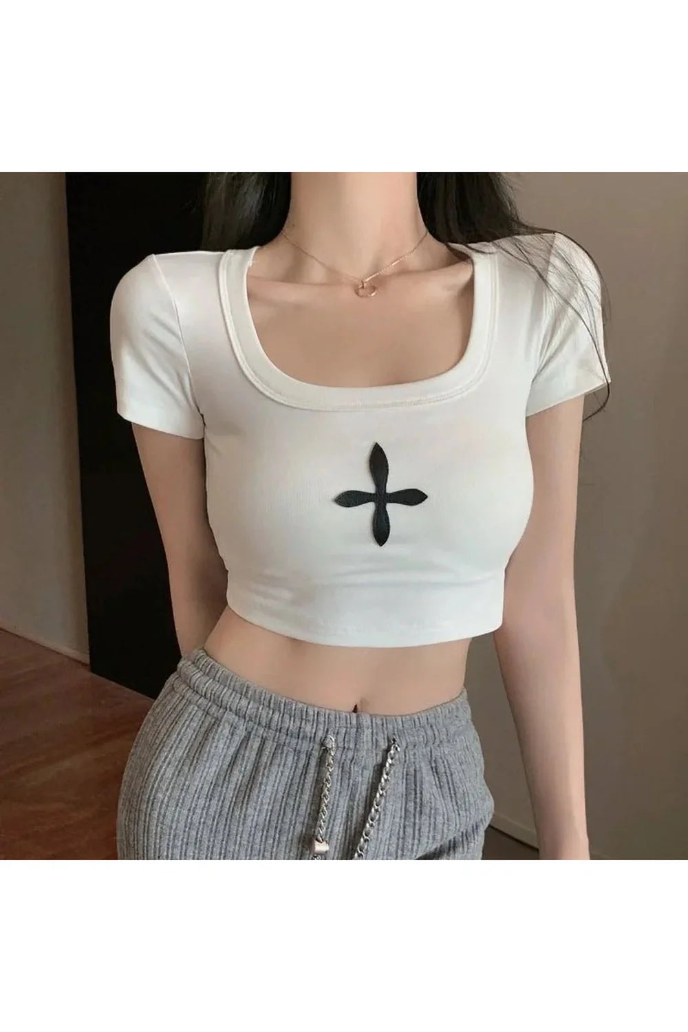 Spring Black Cross Print Crop Top