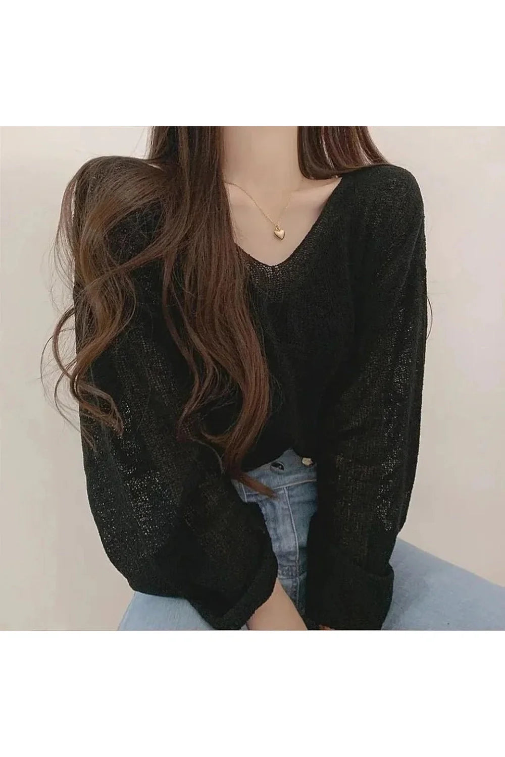 Fall Spring Black Knit Cropped Sweater