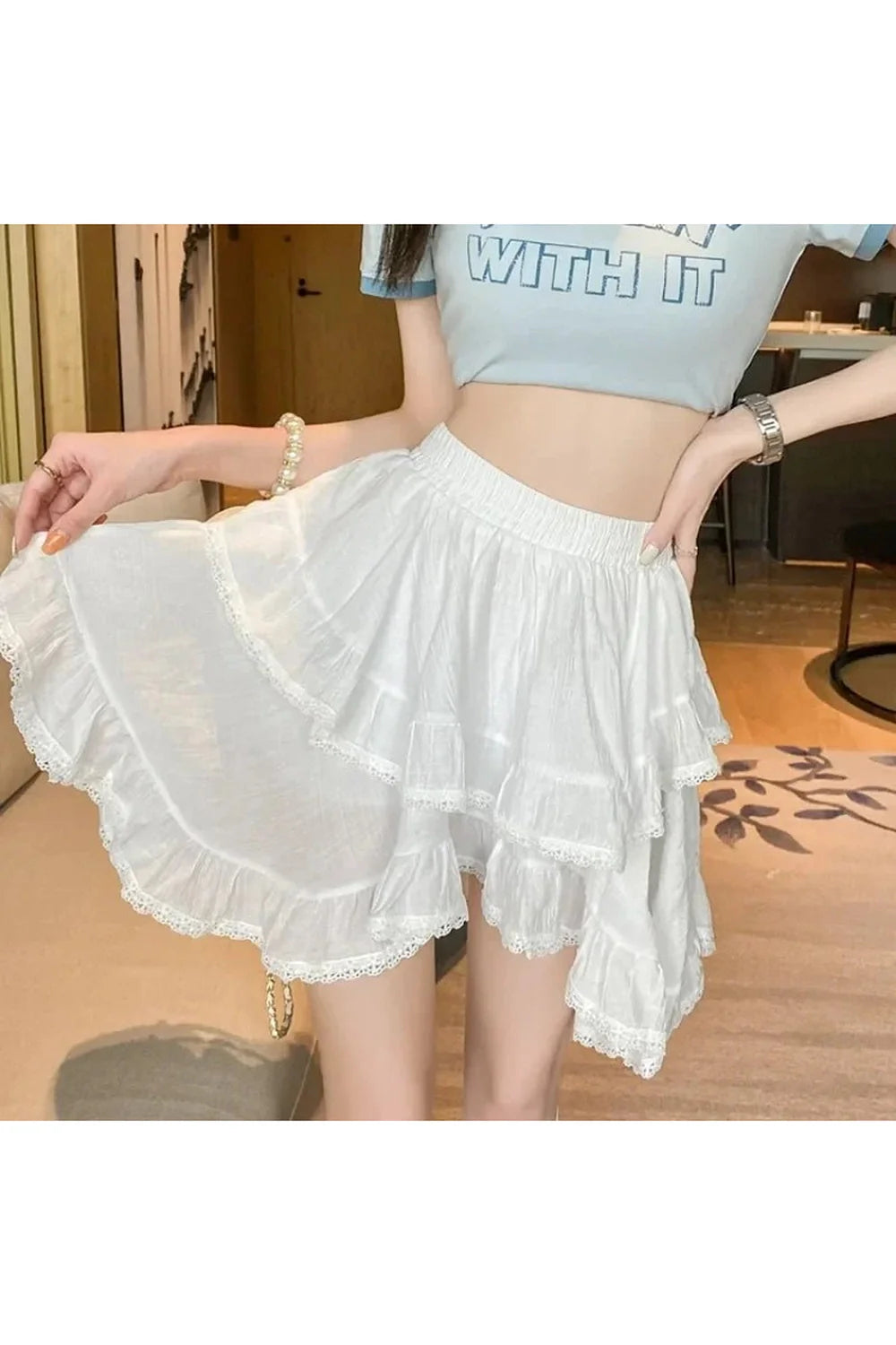 Spring Ruffled Lace Mini Skirt