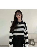 Fall Spring Striped Cropped O-neck Sweater