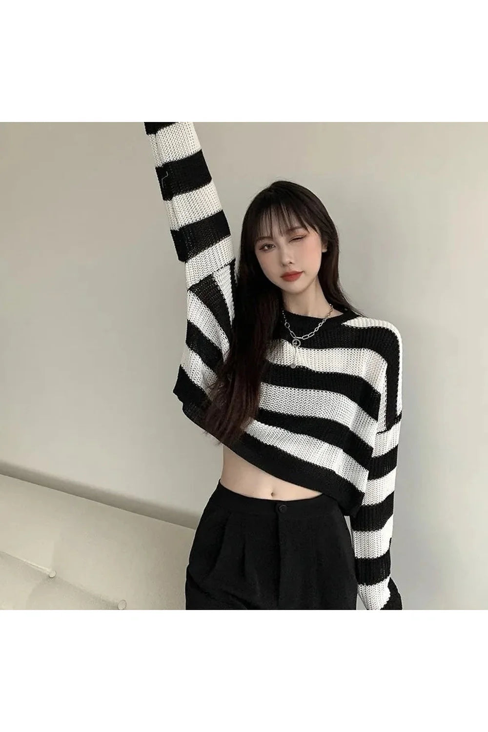 Fall Spring Striped Cropped O-neck Sweater