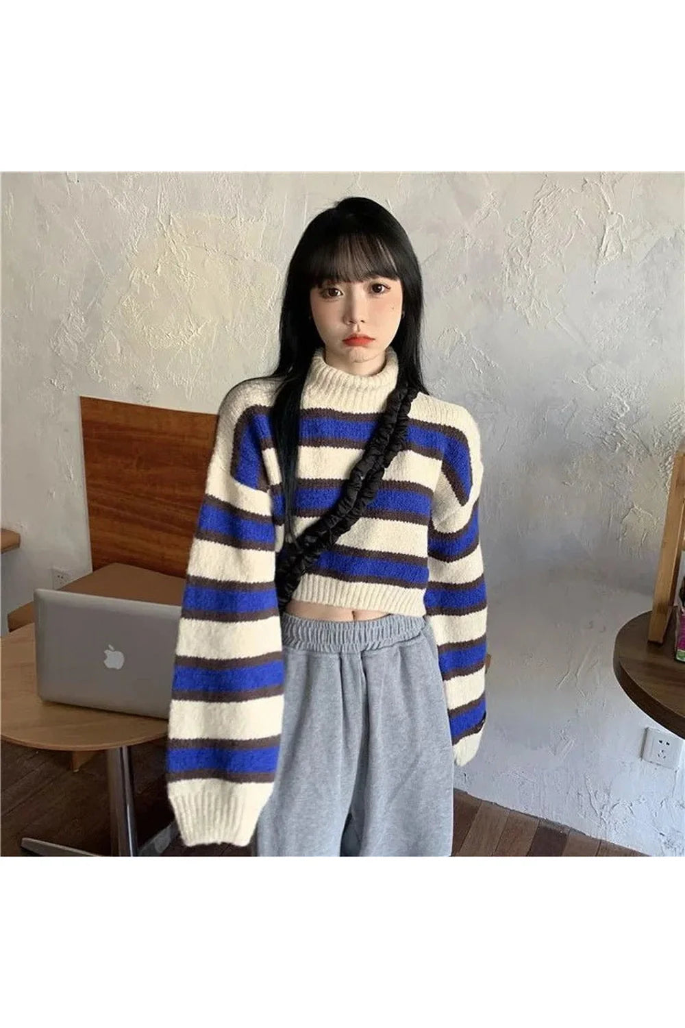 Fall Spring Striped Turtleneck Crop Sweater