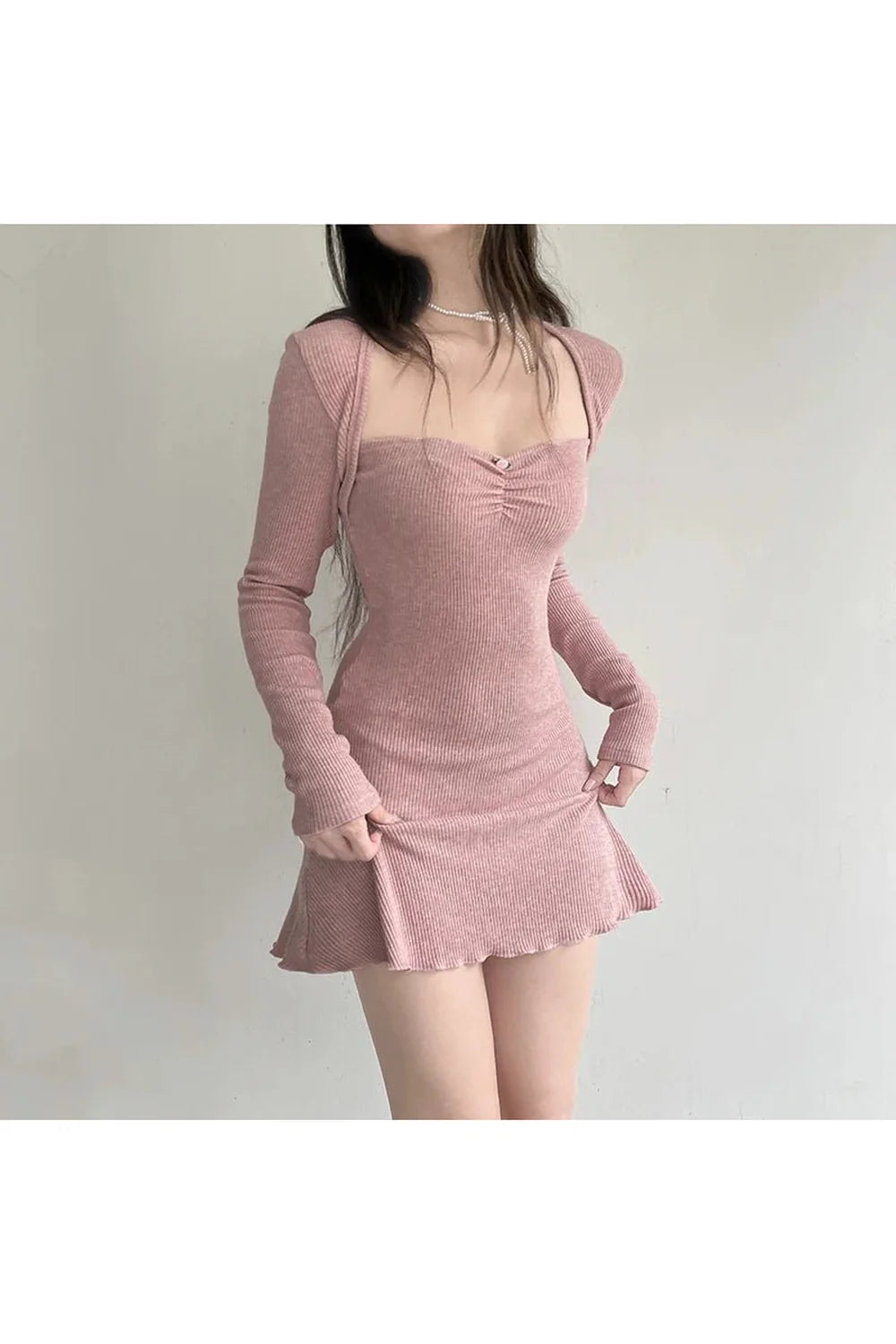 Square Neck Pink Autumn Dress