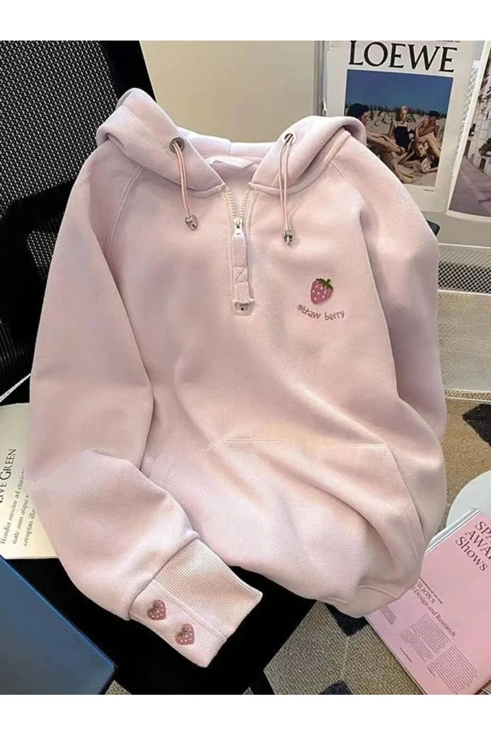 Fall Strawberry Embroidered Half-Zip Hoodie