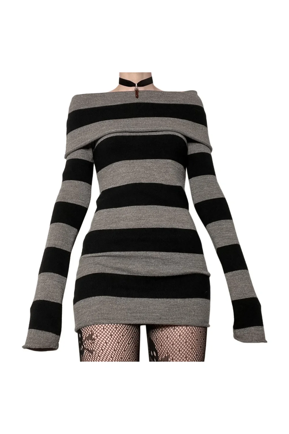 Striped Gothic Off-Shoulder Dress