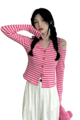 Fall Striped Off-Shoulder Knitwear Cardigan