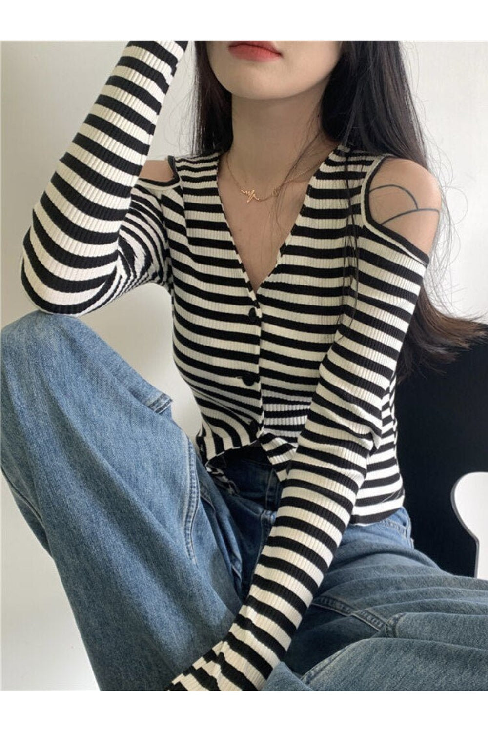 Fall Striped Off-Shoulder Knitwear Cardigan