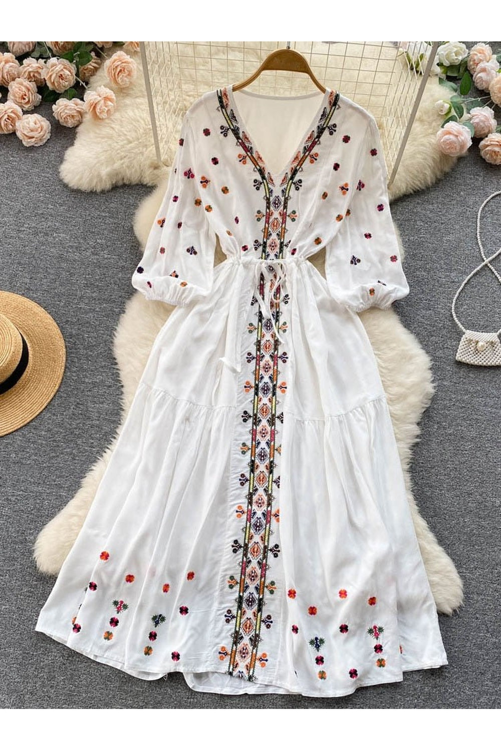 Summer Ethnic Style Embroidery V-neck Dress