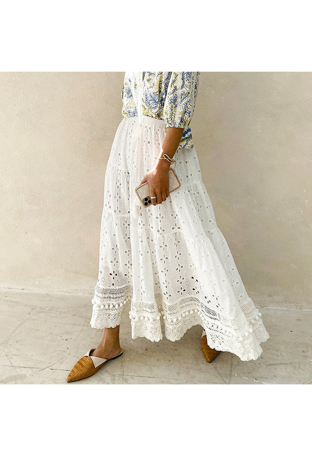 Summer White Floral Embroidery Long Skirt