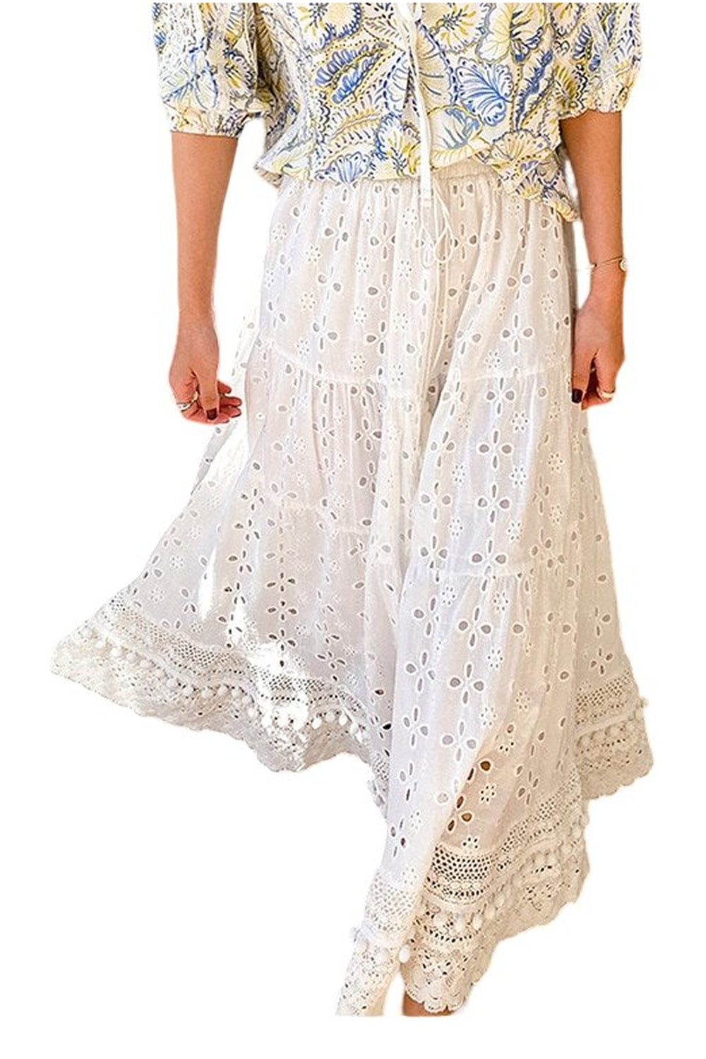 Summer White Floral Embroidery Long Skirt