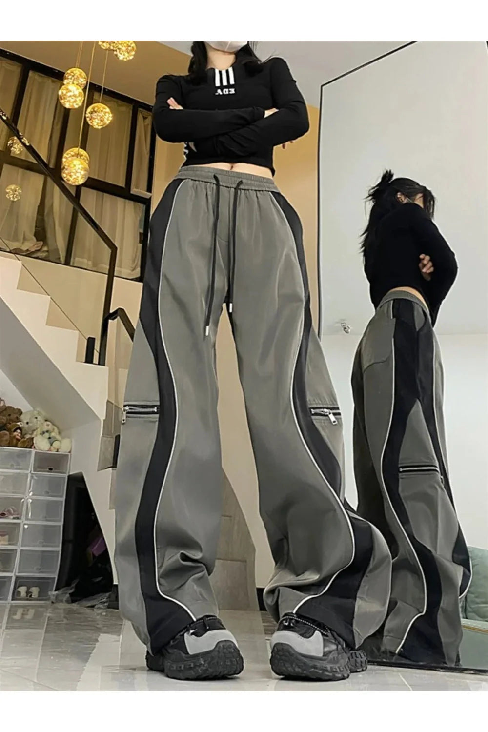 Techwear Contrast Wide-Leg Pants