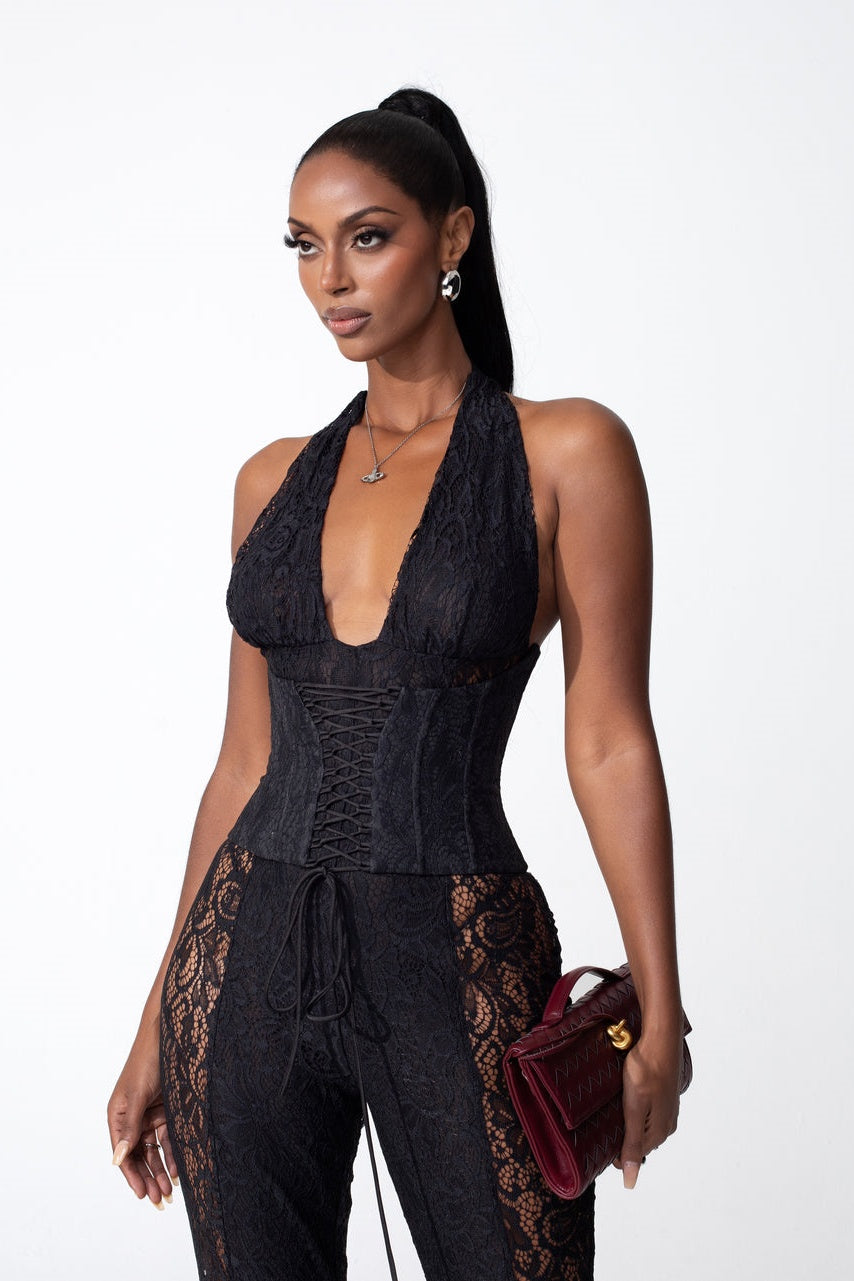 Martha Halter Neck Sheer Lace Jumpsuit