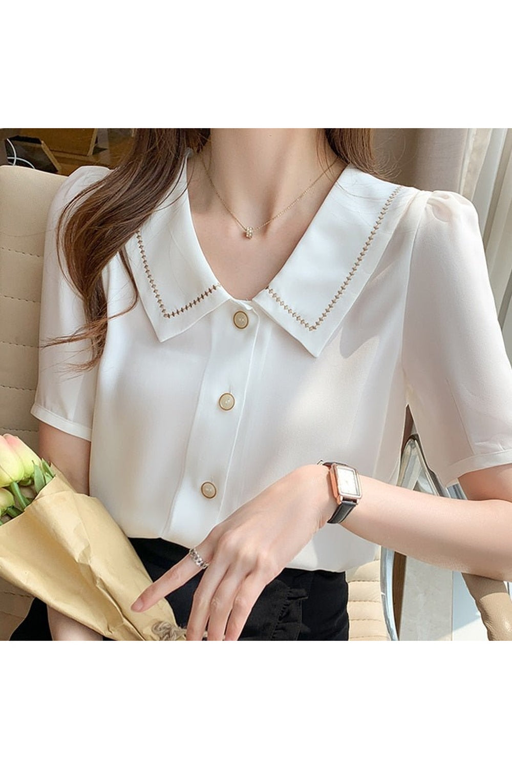 Turn-Down Collar Chiffon Blouse