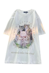 Vintage Cute Cat Print Cotton T-Shirt