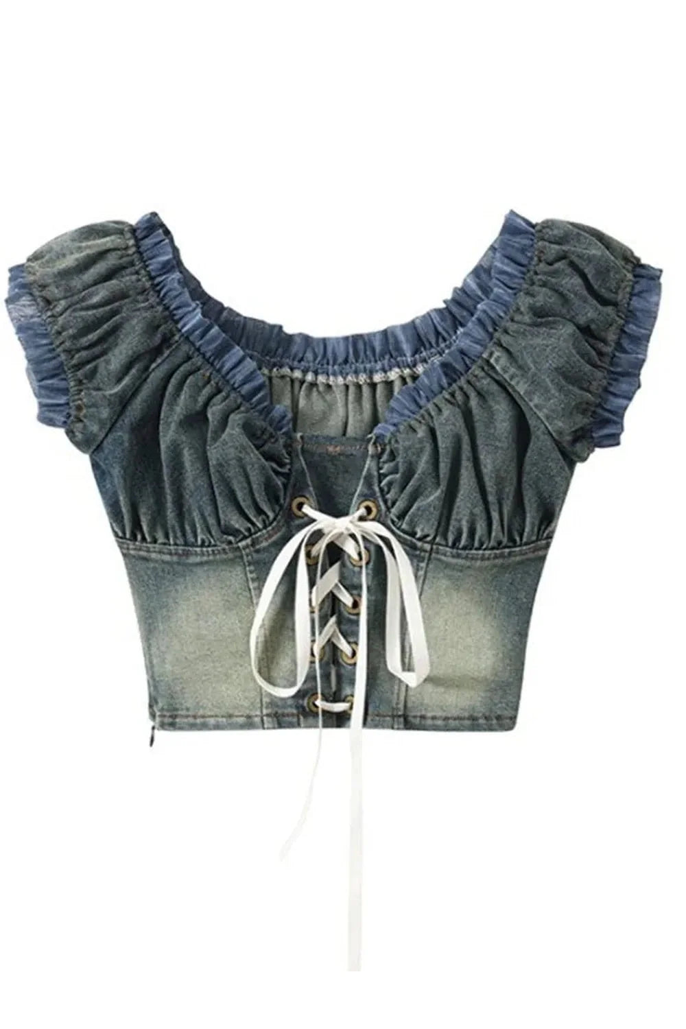 Vintage Denim Lace-Up Crop Top