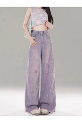 Vintage Lilac Distressed Wide-Leg Jeans